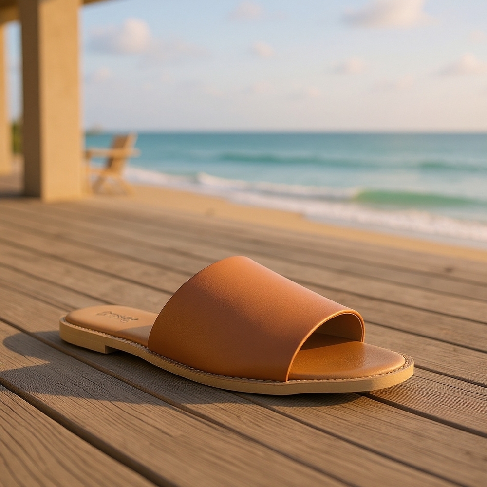 Cognac Slip On Flat Open Toe Sandal